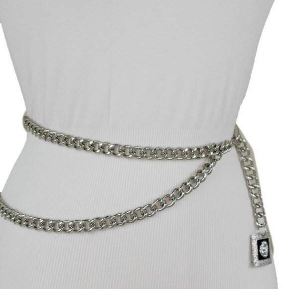 Women High Waist Hip Silver Metal Chain Links Wave Belt Lion Charm Size XS S M - Picture 10 of 17